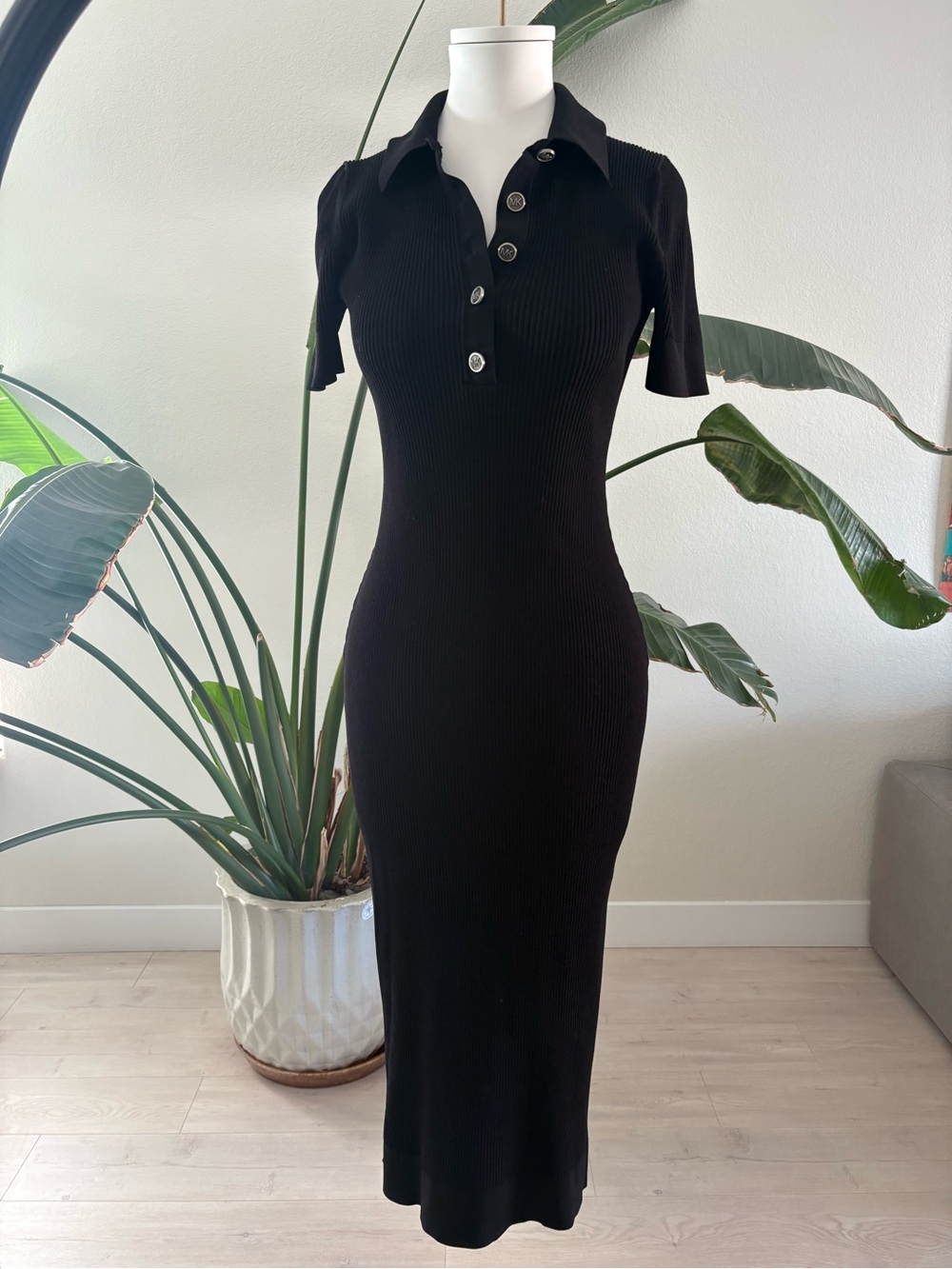 Michael Kors Black Ribbed Polo Midi Dress